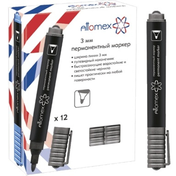 Маркер перманентный 3 мм, черный, "Attomex" круглый корпус, пулевидный,арт.5043501